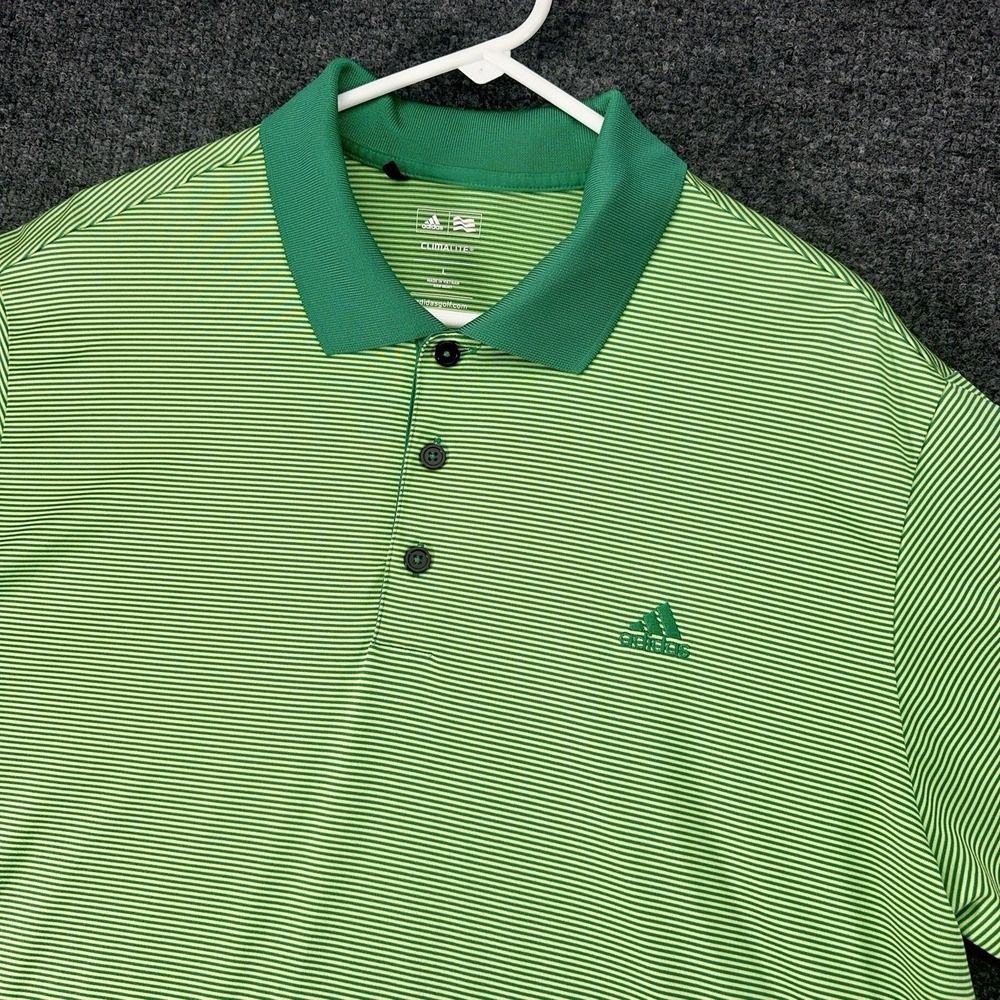 Adidas Golf Polo Shirt Mens L Green Striped Performance Short Sleeve